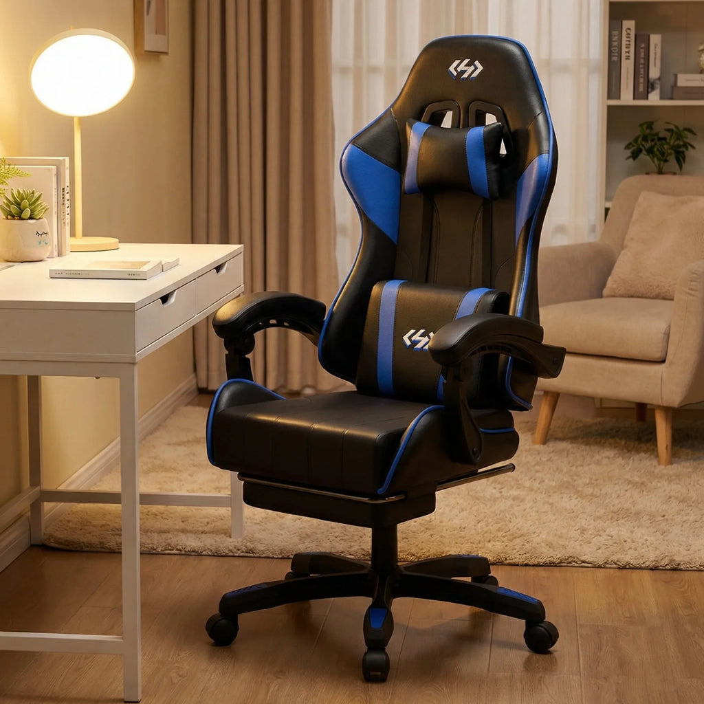 Ergonomic Gaming Chair, PU Leather Computer Office Chair for Adults, Adjustable Height & Reclining Backrest Angle, 360° Swivel Gaming Desk Chair with Lumbar Support, Headrest and Retractable Footrest