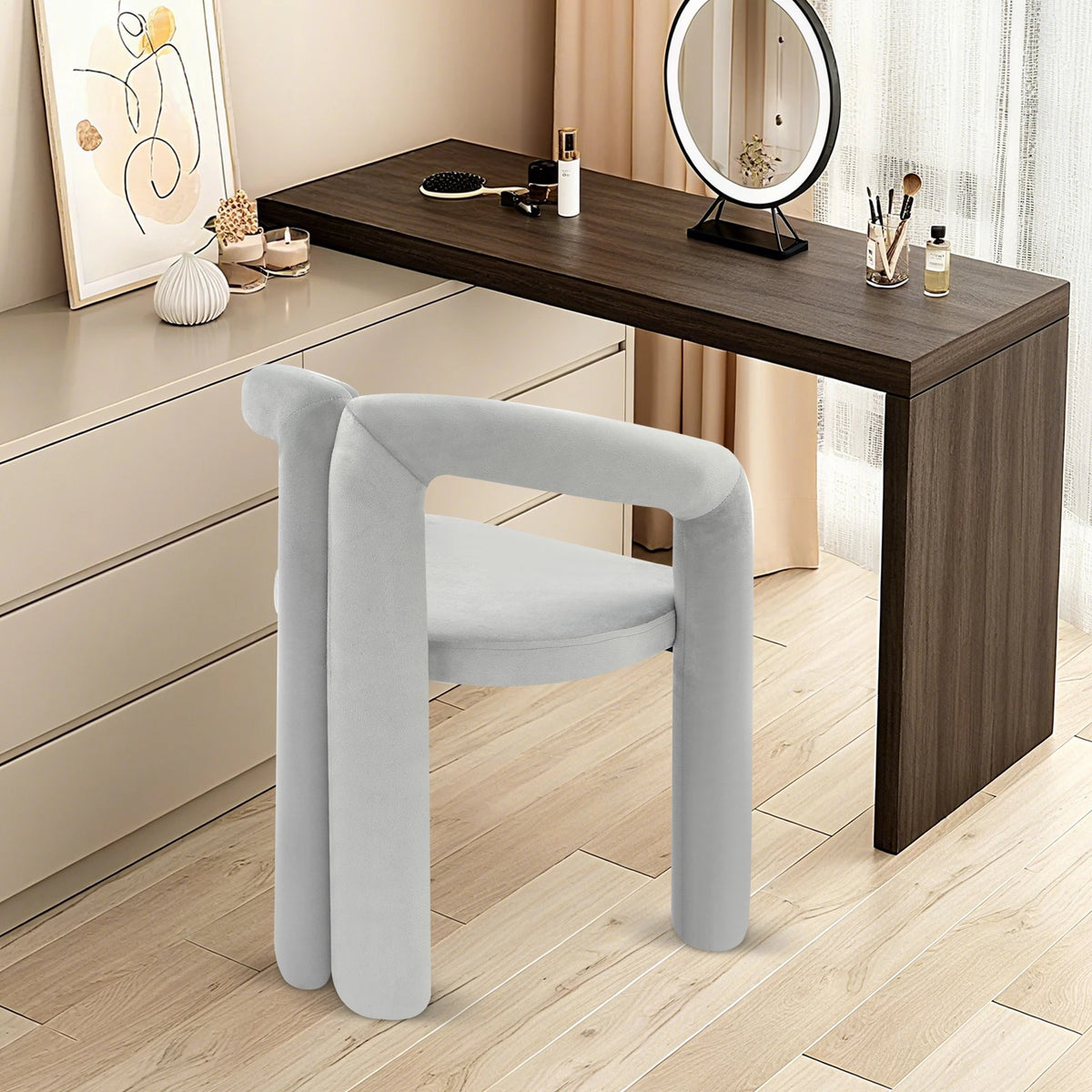 Gray Makeup Chair, Vanity Chair With Ergonomic Backrest, 220.46lbs Load Capacity Modern Upholstered Chair Carbon Steel Frame 60mm Thick High-Resilience Sponge Cushion For Bedroom Salon Nail Studio Living Room