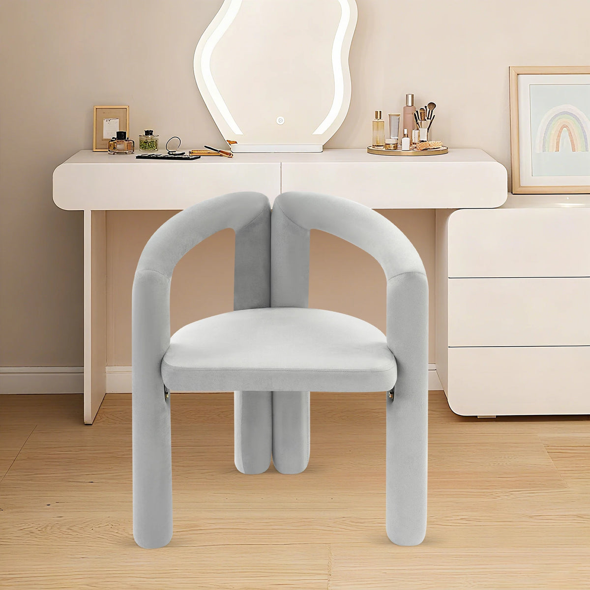 Gray Makeup Chair, Vanity Chair With Ergonomic Backrest, 220.46lbs Load Capacity Modern Upholstered Chair Carbon Steel Frame 60mm Thick High-Resilience Sponge Cushion For Bedroom Salon Nail Studio Living Room