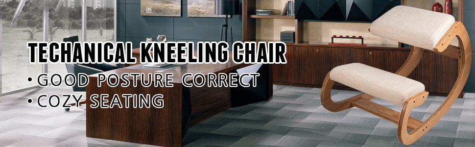SucceBuy Ergonomic Kneeling Chair Stool W/ Thick Cushion Home Office Chair Improving Body Posture Rocking Wood Computer Chair
