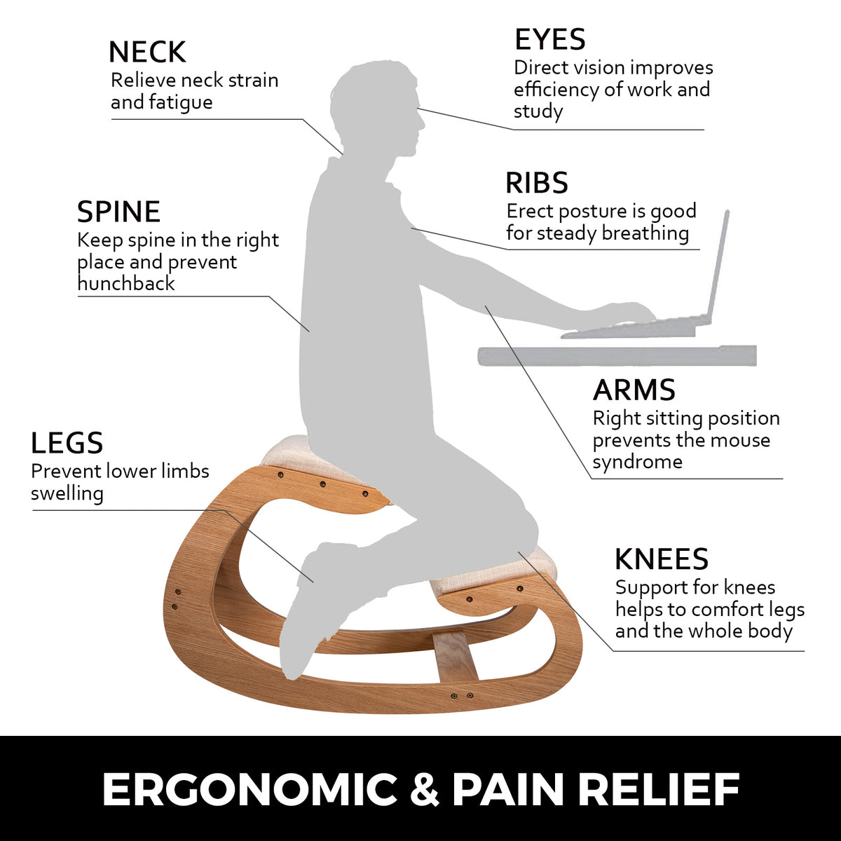 SucceBuy Ergonomic Kneeling Chair Stool W/ Thick Cushion Home Office Chair Improving Body Posture Rocking Wood Computer Chair